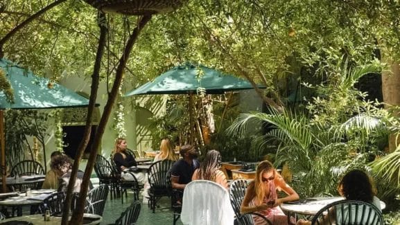 Les convives dégustent leurs repas à des tables extérieures sous des parasols verts, enveloppés d'une végétation luxuriante et d'arbres, rappelant les meilleurs restaurants de Marrakech.