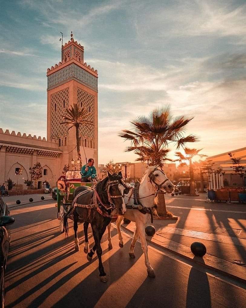 Une calèche passe près d'une mosquée au coucher du soleil à Marrakech, avec des palmiers et un ciel clair en arrière-plan, créant des moments parfaits pour des activités familiales avec des enfants.