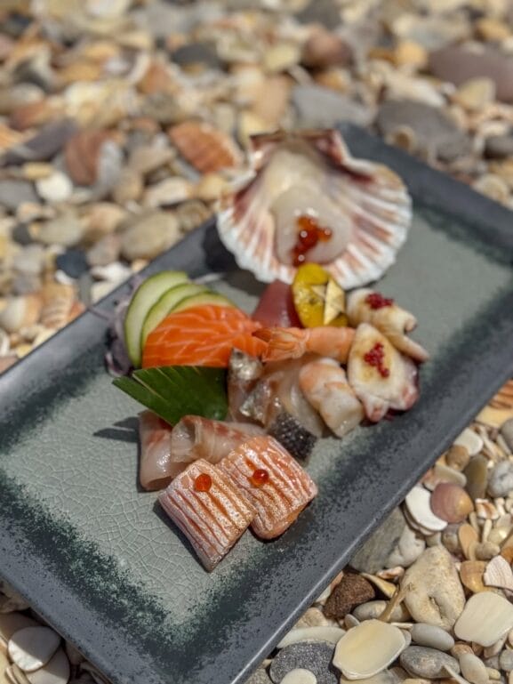 Une assiette de sashimis assortis avec des tranches de poisson, des concombres et des garnitures est posée sur une surface recouverte de galets et de coquillages, évoquant les trésors cachés découverts lors des escapades du Nord.