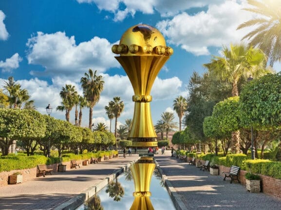 Une grande statue dorée du trophée de la Coupe d'Afrique des Nations est exposée dans un parc paysager avec des palmiers, des bancs et un bassin réfléchissant sous un ciel partiellement nuageux, servant de pièce maîtresse à cette retraite automobile pittoresque de Brouillon.